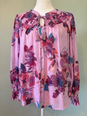 Nannette Lepore Lilac Floral Long Sleeve Button Front Blouse Size Small